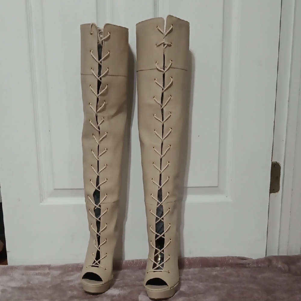 Beige Lace-Up Over-the-Knee Boots Scene By Shoedazzle - Picture 2 of 8